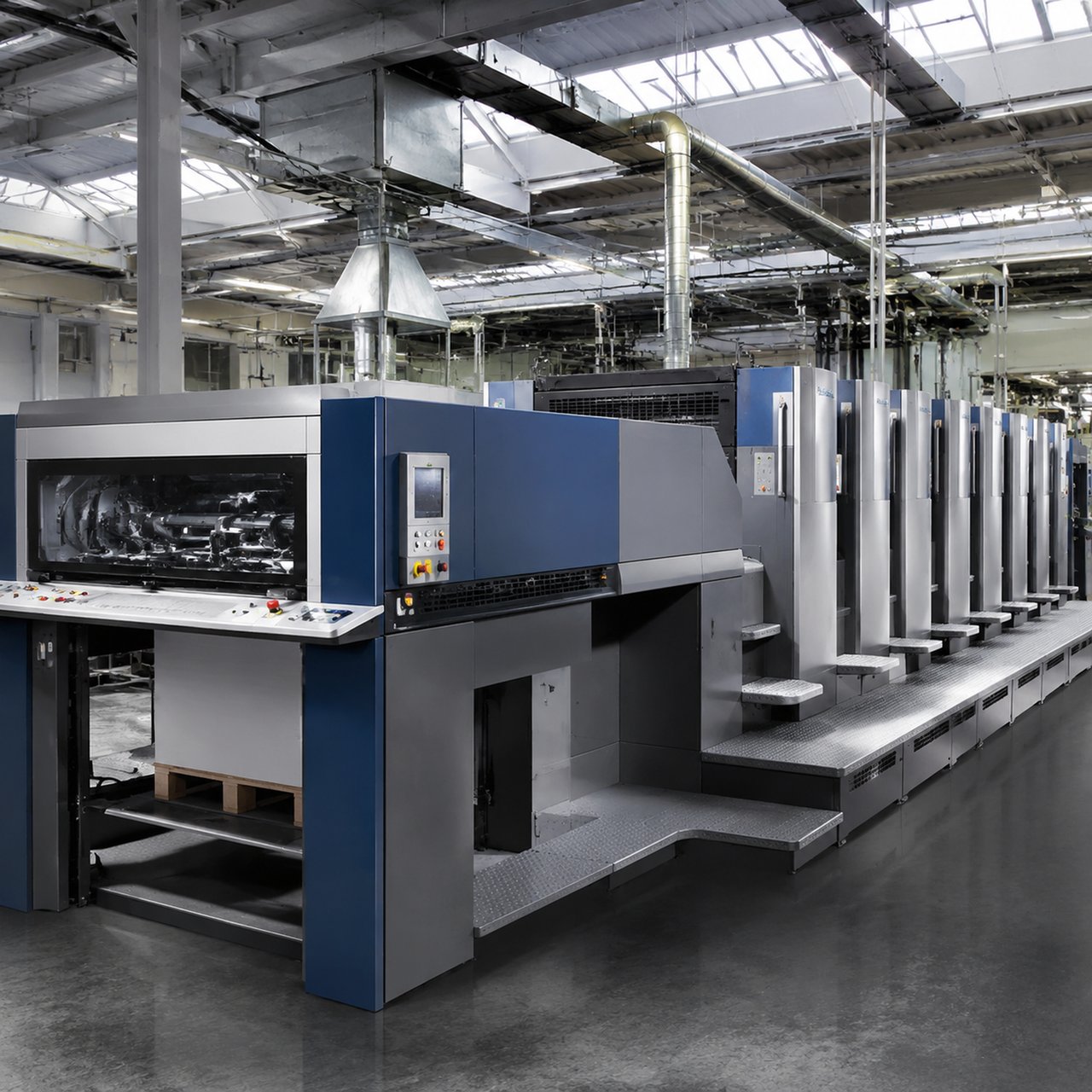 A multi-colour offset press line in daily operation