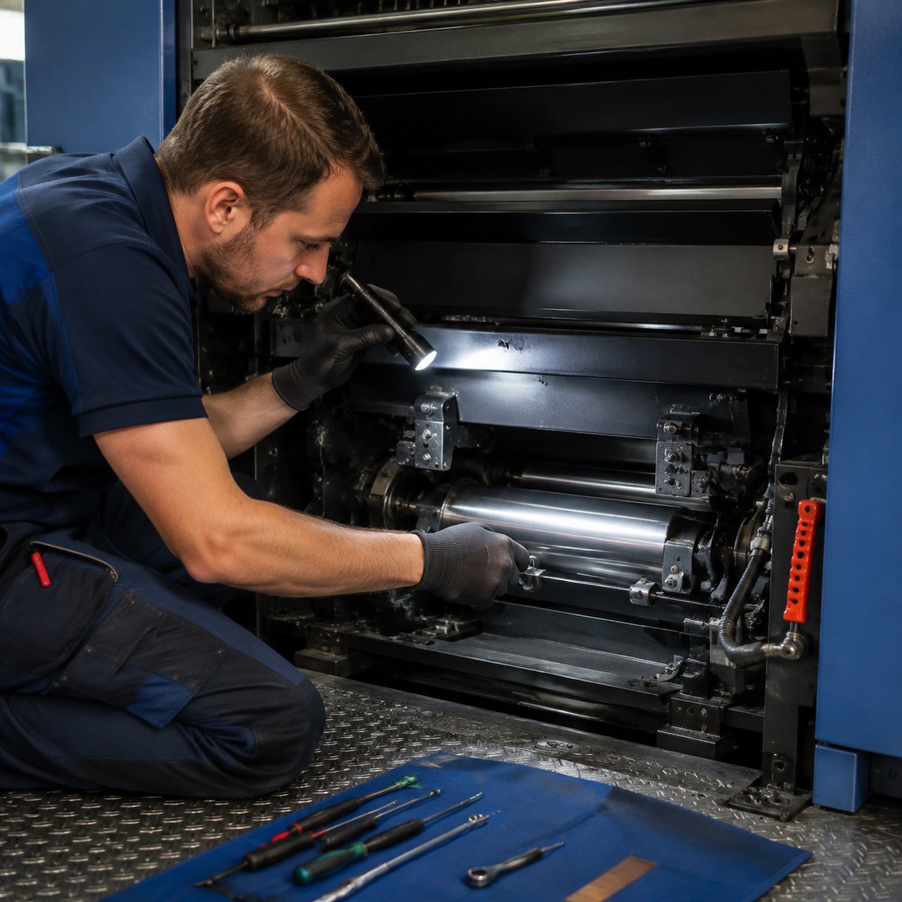 A technician checking bearing and gear areas inside the print unit