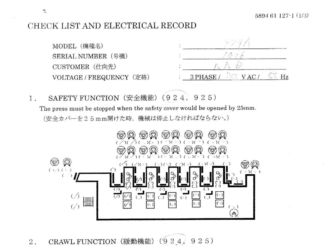 First page of the Ryobi 920 series electrical check list, document no. 5894 61 127-1, with per-machine data fields and the 25 mm safety-cover stop rule